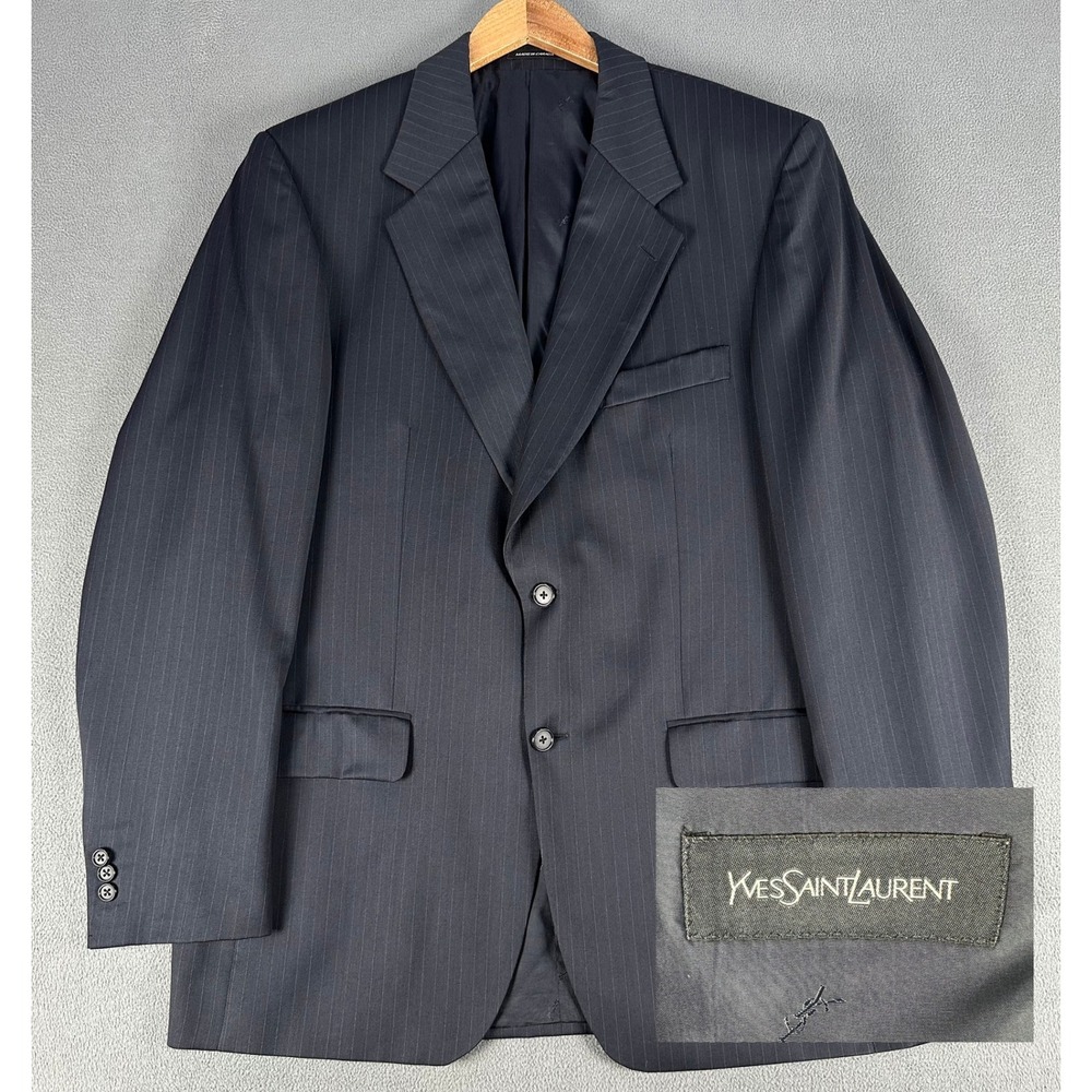 Yves Saint Laurent Suit Jacket Mens 42L Navy Blue Pinstripe Worsted Wool Blazer